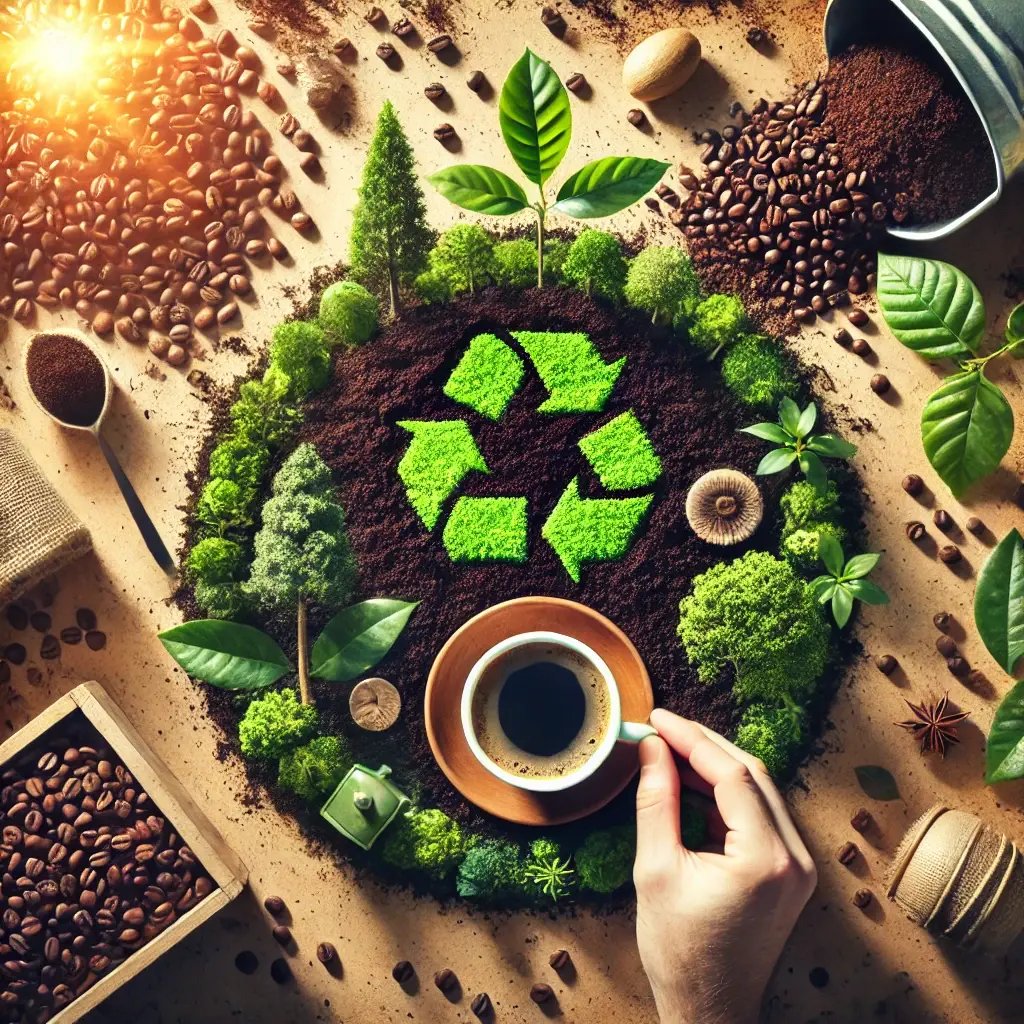 DALL·E 2024-10-15 14.11.24 - A creative and visually engaging image combining the concepts of coffee recycling and the environment. The image should show coffee grounds being used